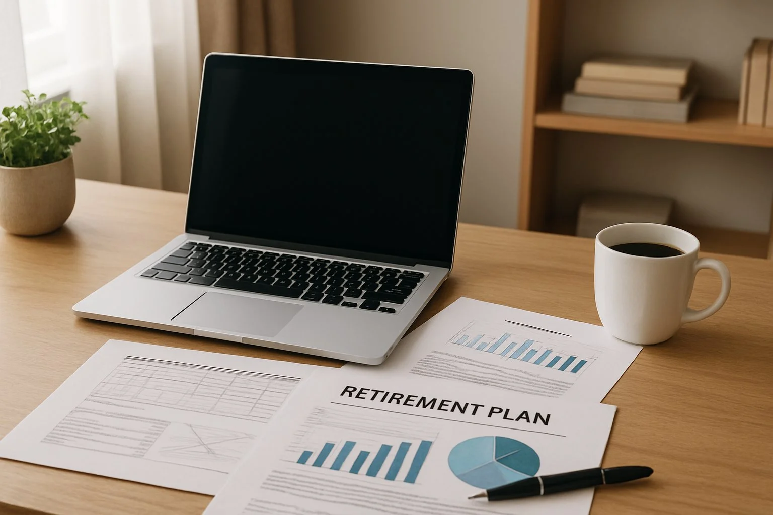Calm, organized home office with a laptop, financial documents, and a cup of coffee, symbolizing small business retirement planning.
