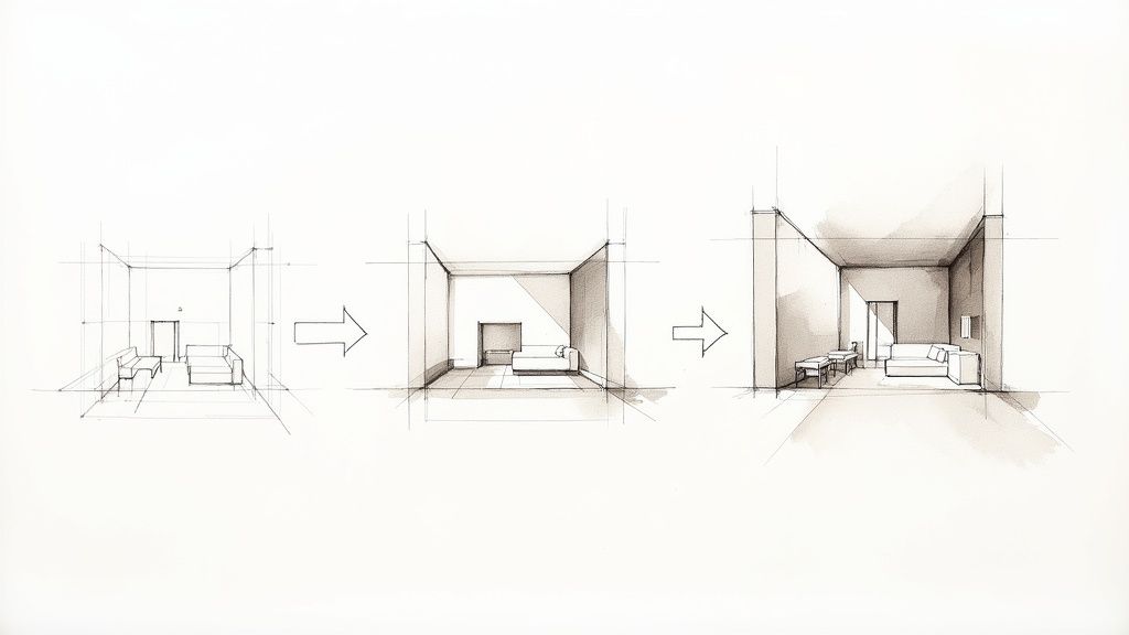 Architectural sketches showing the transformation of an interior room design from line drawing to shaded rendering.