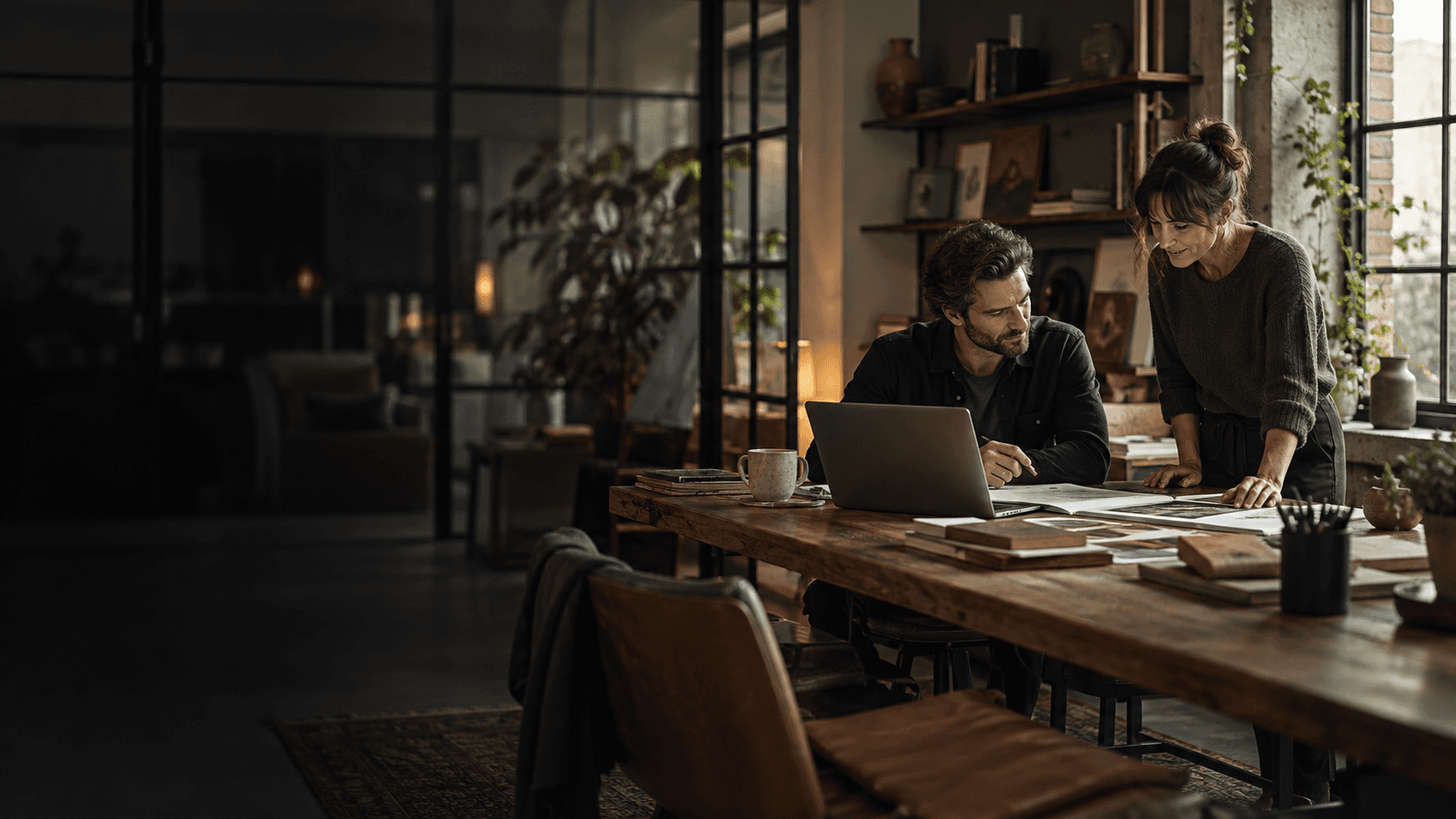 a group of people sitting at a table with laptops