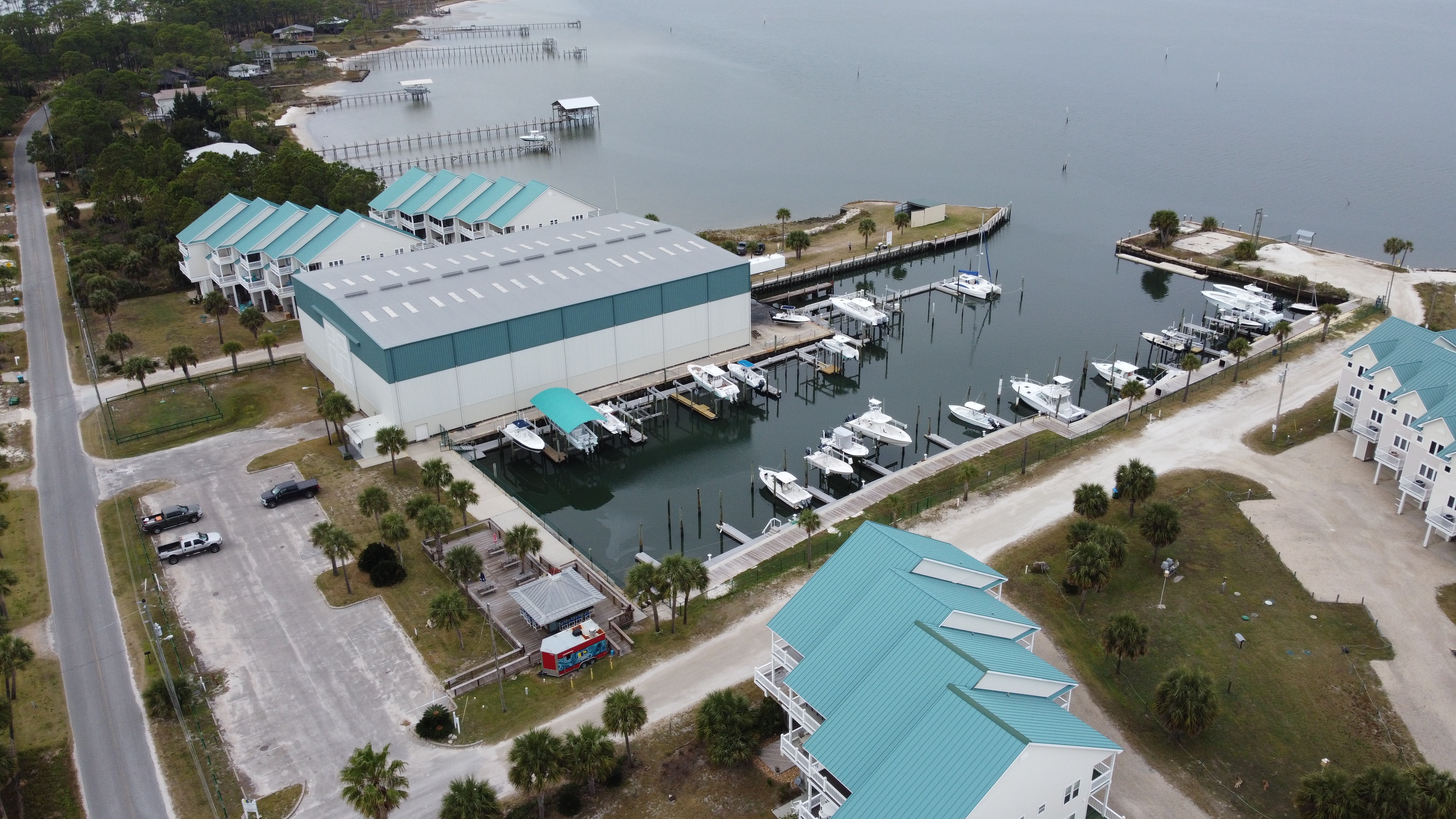 Alligator Point Marina arial drone view of storage and docks