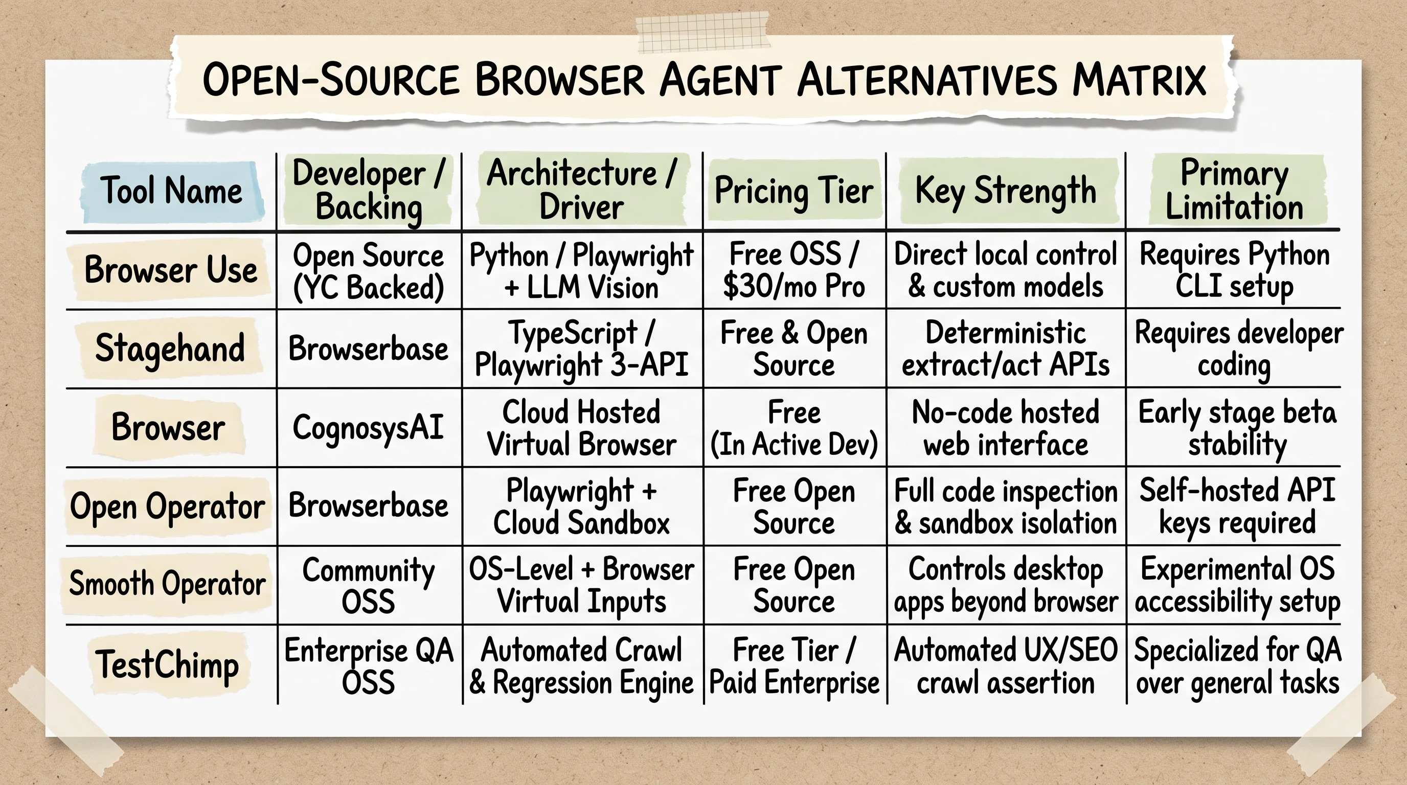Comparison table evaluating free and open source browser automation alternatives including Browser Use Stagehand and Open Operator