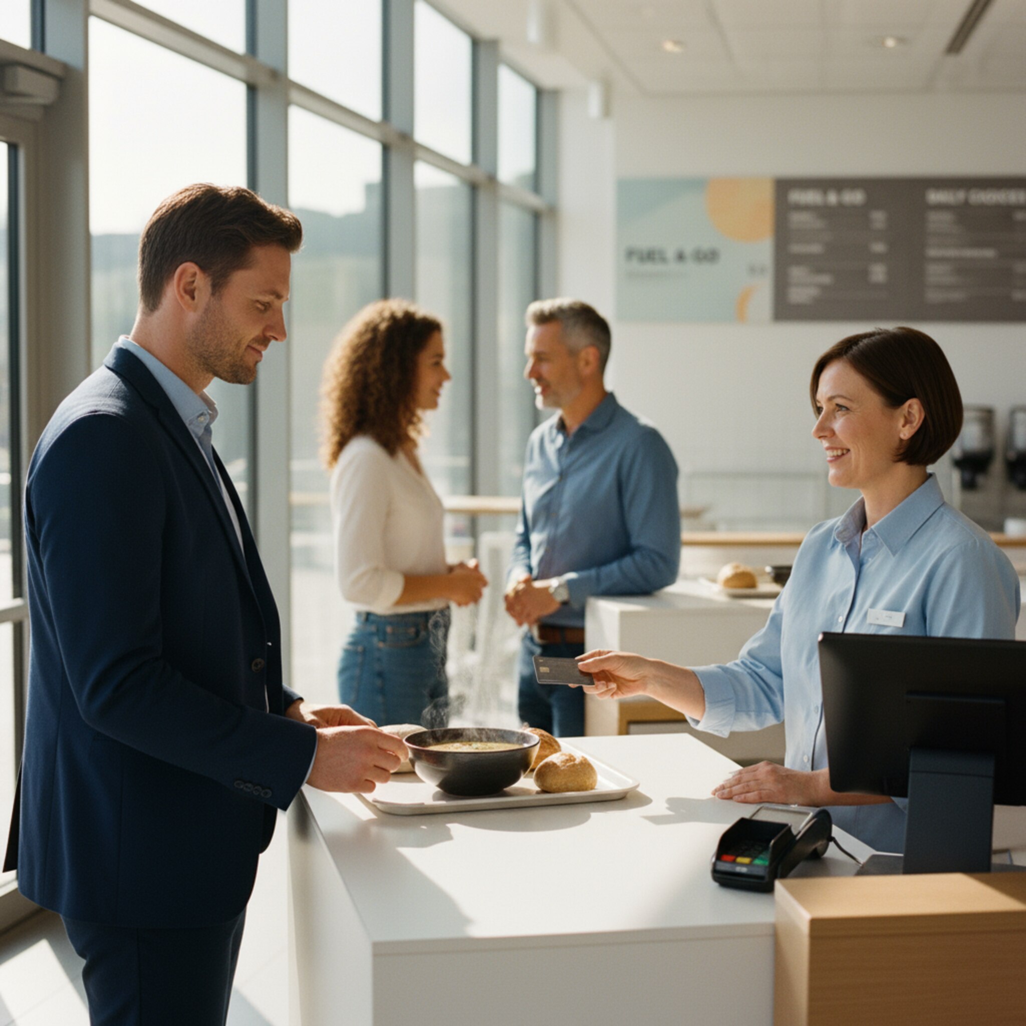 An einer hellen Kasse legt ein Gast seine Firmenkarte neben ein Tablett mit Suppe, Brot und Obst. Die Kassiererin nickt und reicht eine kleine Quittung, während hinter ihm zwei Kolleginnen plaudern. Der Ablauf wirkt freundlich, zügig und selbstverständlich.