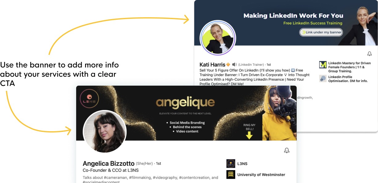 Screenshot of 2 Linkedin profile pages that have banners and a clear CTA