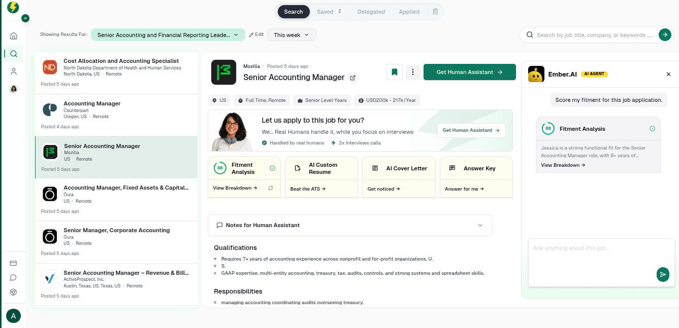 Scale.jobs dashboard showing matched Senior Accounting Manager jobs with an 88 Ember AI fitment score
