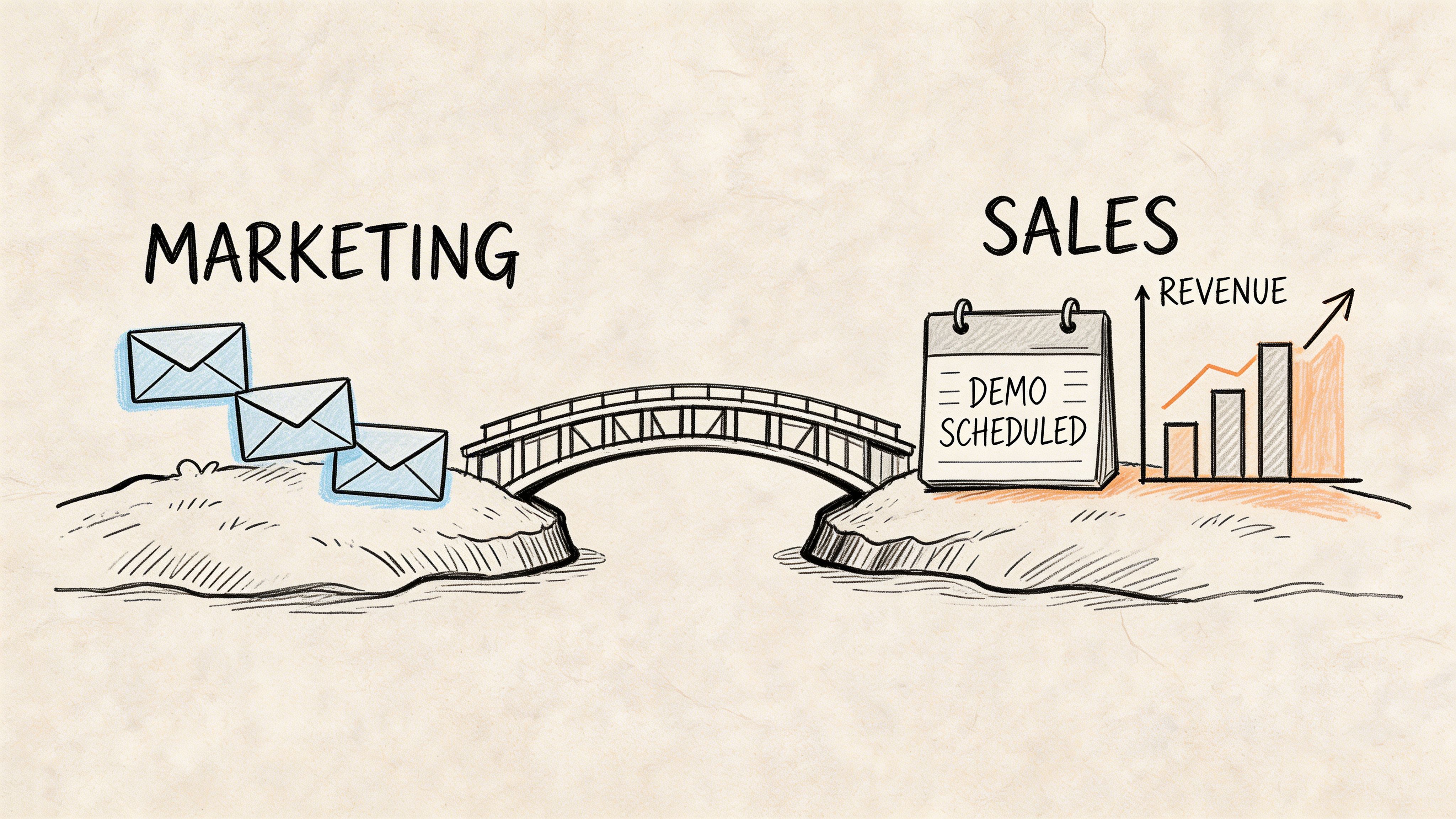 A hand-drawn illustration showing a bridge connecting marketing emails on one side to sales results and revenue growth.