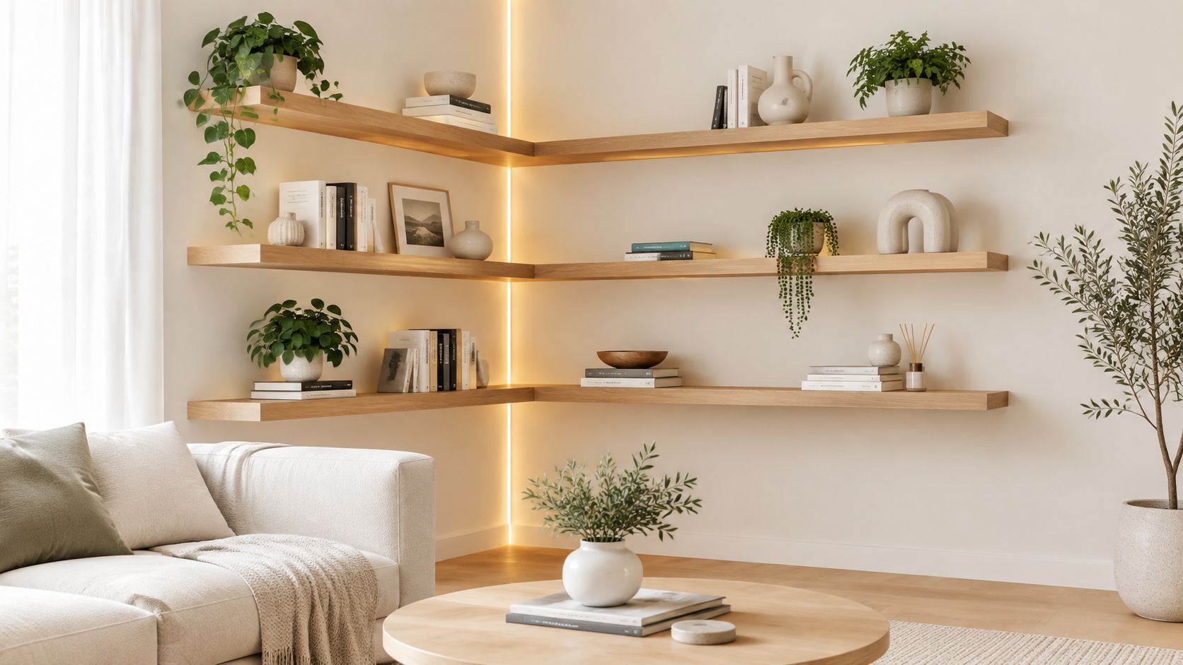 A minimalist living room featuring wooden L-shaped floating shelves illuminated by integrated LED strip lighting.