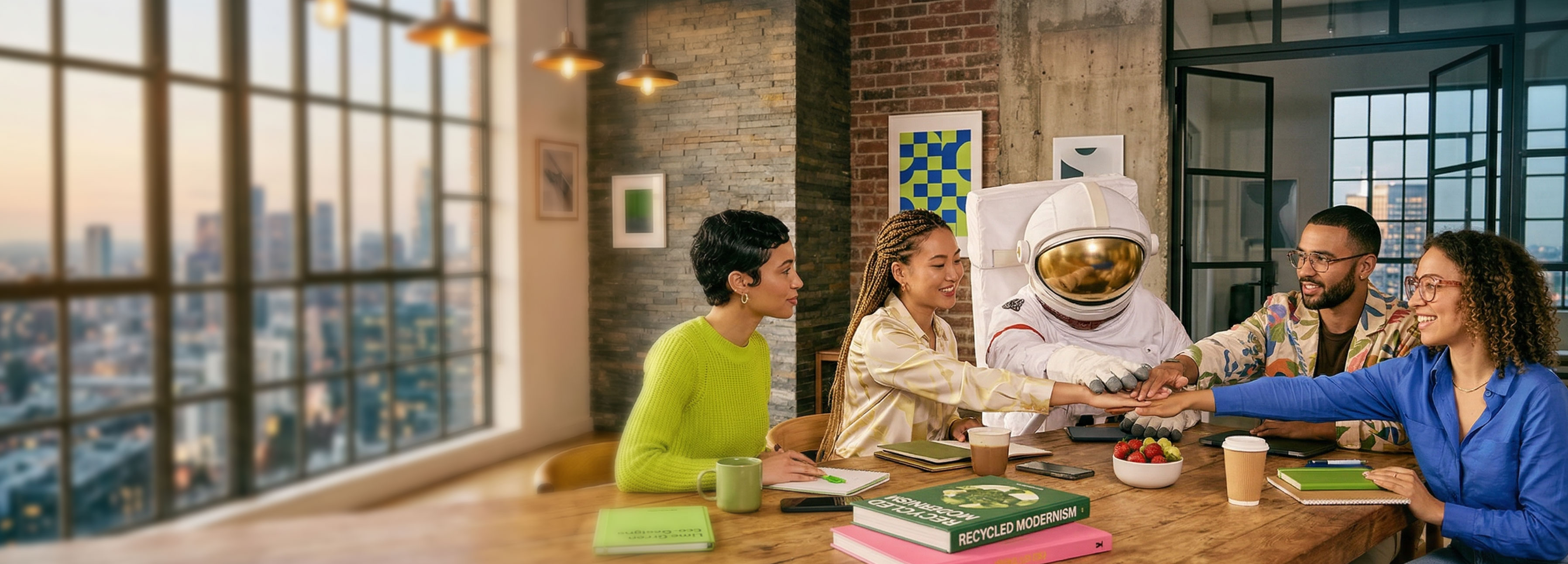 Creative team collaborating with astronaut representing AI driven content creation and modern marketing workflows