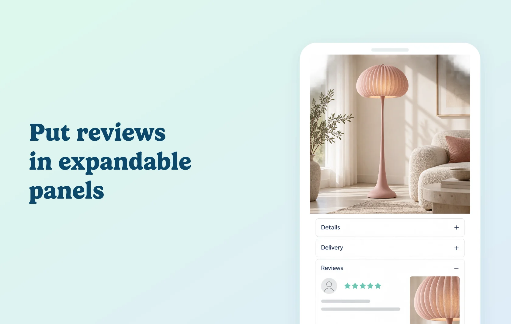 Judge.me and EasySlide integration: illustration of a floor-lamp product page with closed Details and Delivery panels and an open Reviews accordion.
