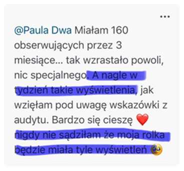 Biznes na Insta – opinia o wyzwaniu publikacji rolek, które pomogło uczestniczce określić niszę, uporządkować komunikację i osiągnąć największe dotąd zasięgi – mimo wcześniejszego udziału w różnych kursach i szkoleniach.