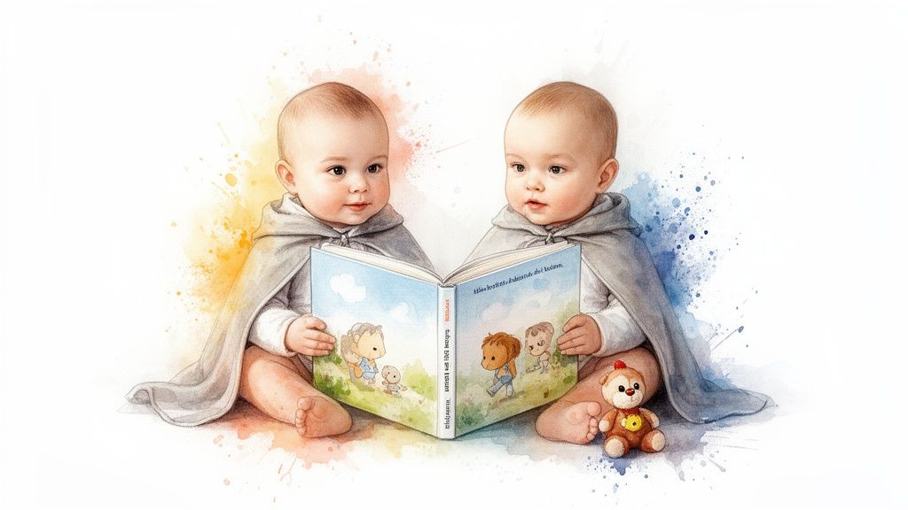 Watercolor illustration of two adorable babies, likely twins, in cloaks, reading an open storybook.