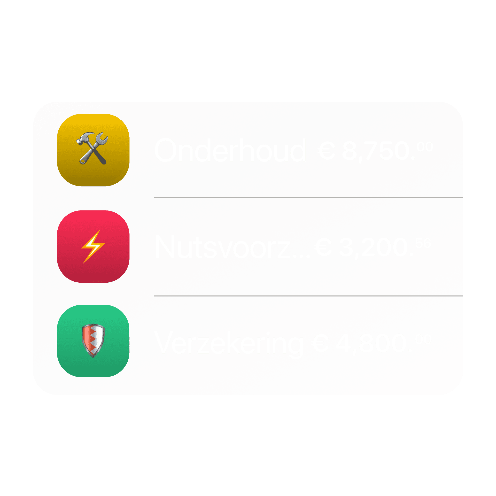 Color-coded category cards showing spending and saving labels with euro balances.