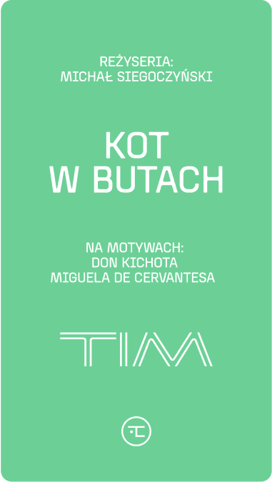 Miętowozielona pionowa relacja „KOT W BUTACH” z białym tytułem, rysunkową postacią i znakiem TIM.