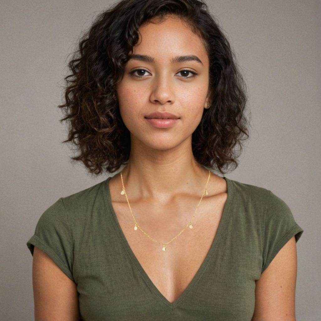 mixed race woman wearing gold necklace in a studio