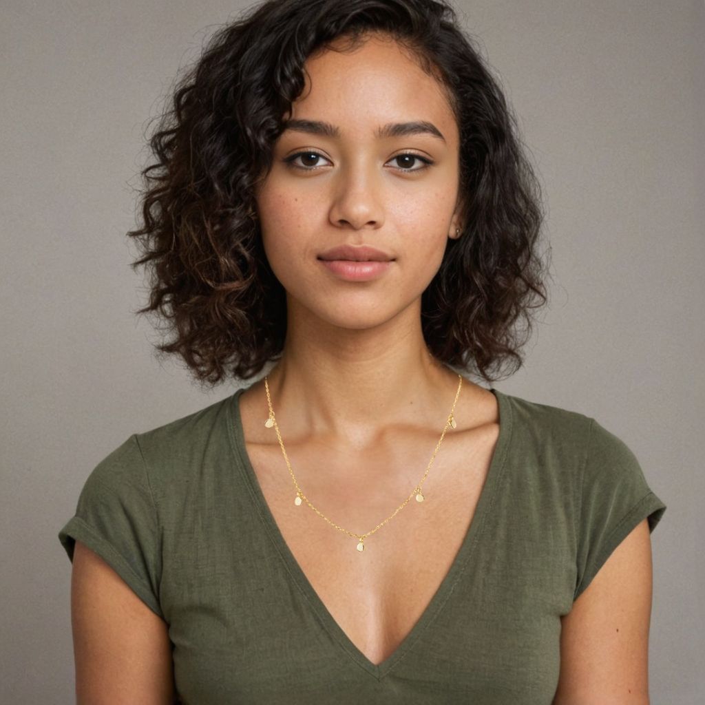 Mixed race AI model wearing a gold necklace in a studio, jewelry photo made with Caspa AI