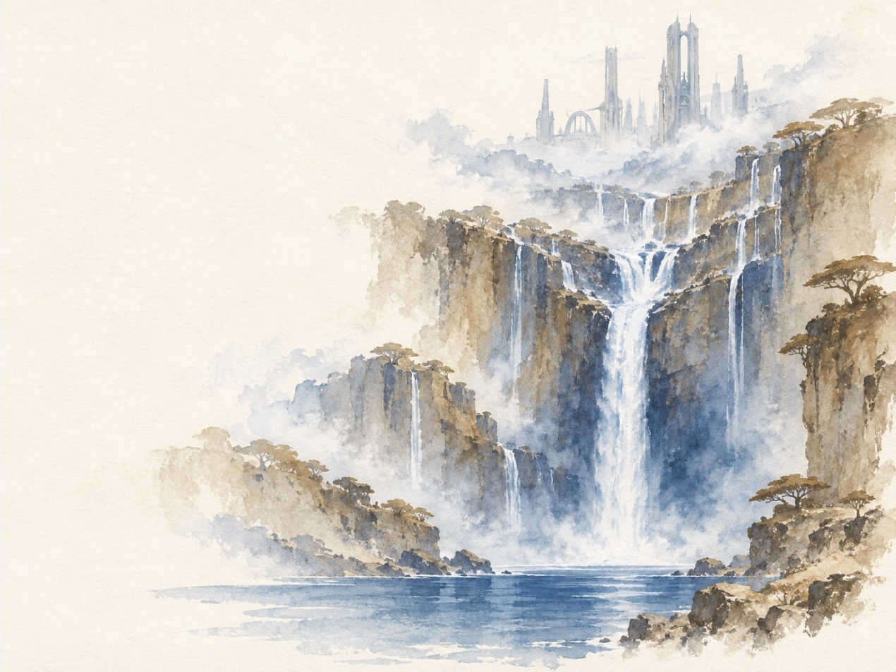Watercolour waterfall pouring from tall cliffs into a blue pool