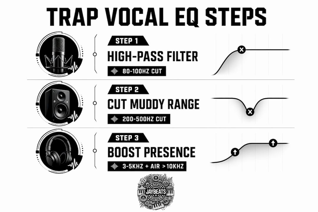 Infographic outlining three EQ steps for trap vocals