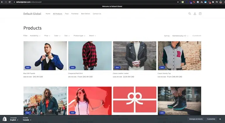 Derselbe Shopify-Demoshop für Kanada mit Preisen in CAD und einem blauen Seidensmoking