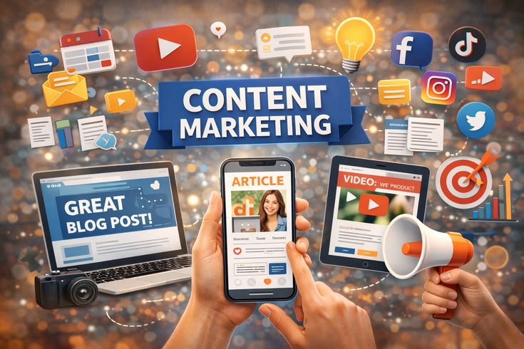 Business content strategy displayed on a laptop with blog articles, social media posts, and content analytics.