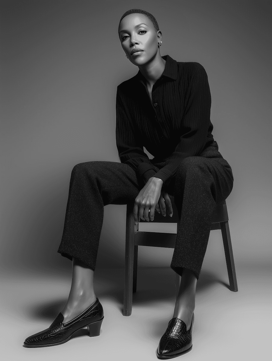 Black and white portrait of a woman sitting on chair.