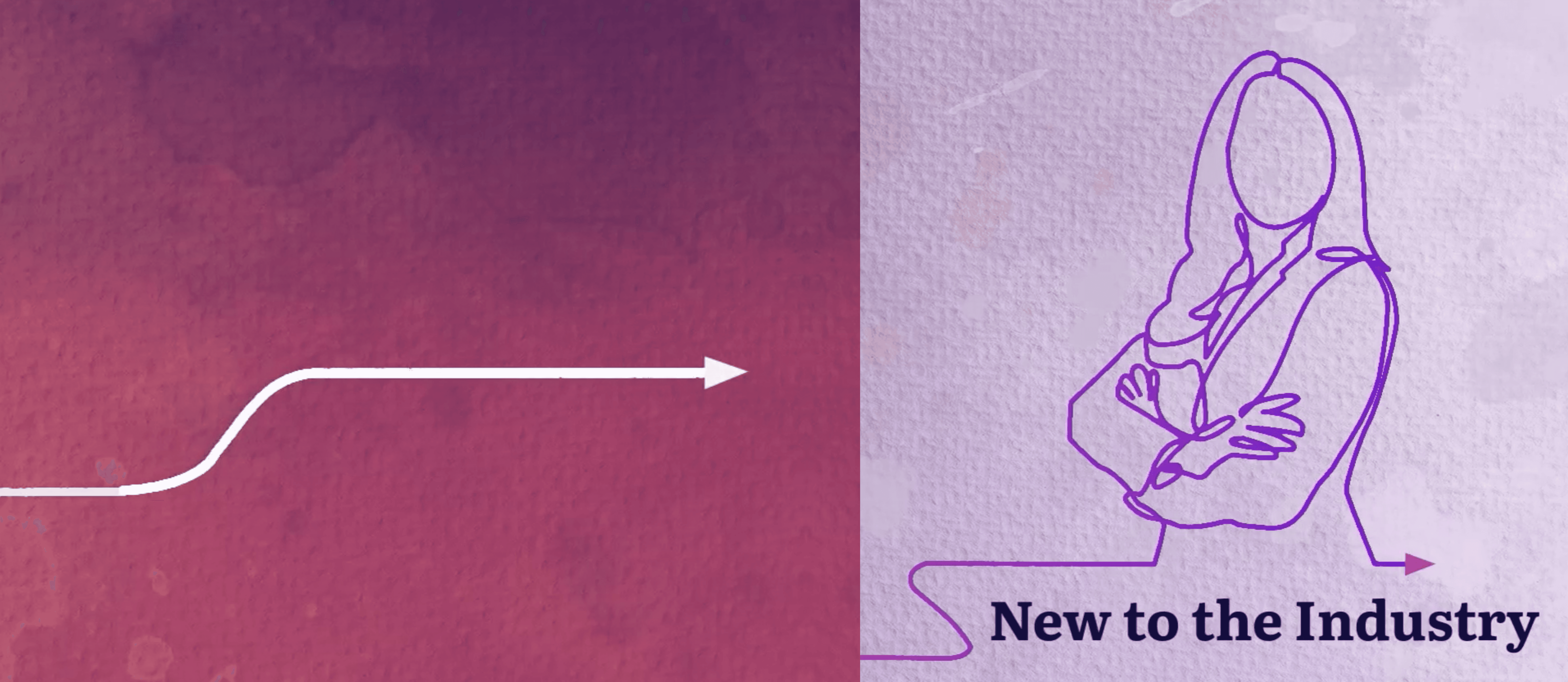 A split-screen graphic design featuring a dark maroon watercolor texture on the left and a light lavender texture on the right. A white navigational line with an arrow flows from the left edge toward the center. On the right side, a purple continuous-line drawing depicts a professional woman with long hair and crossed arms. Below the illustration, the text reads "New to the Industry".