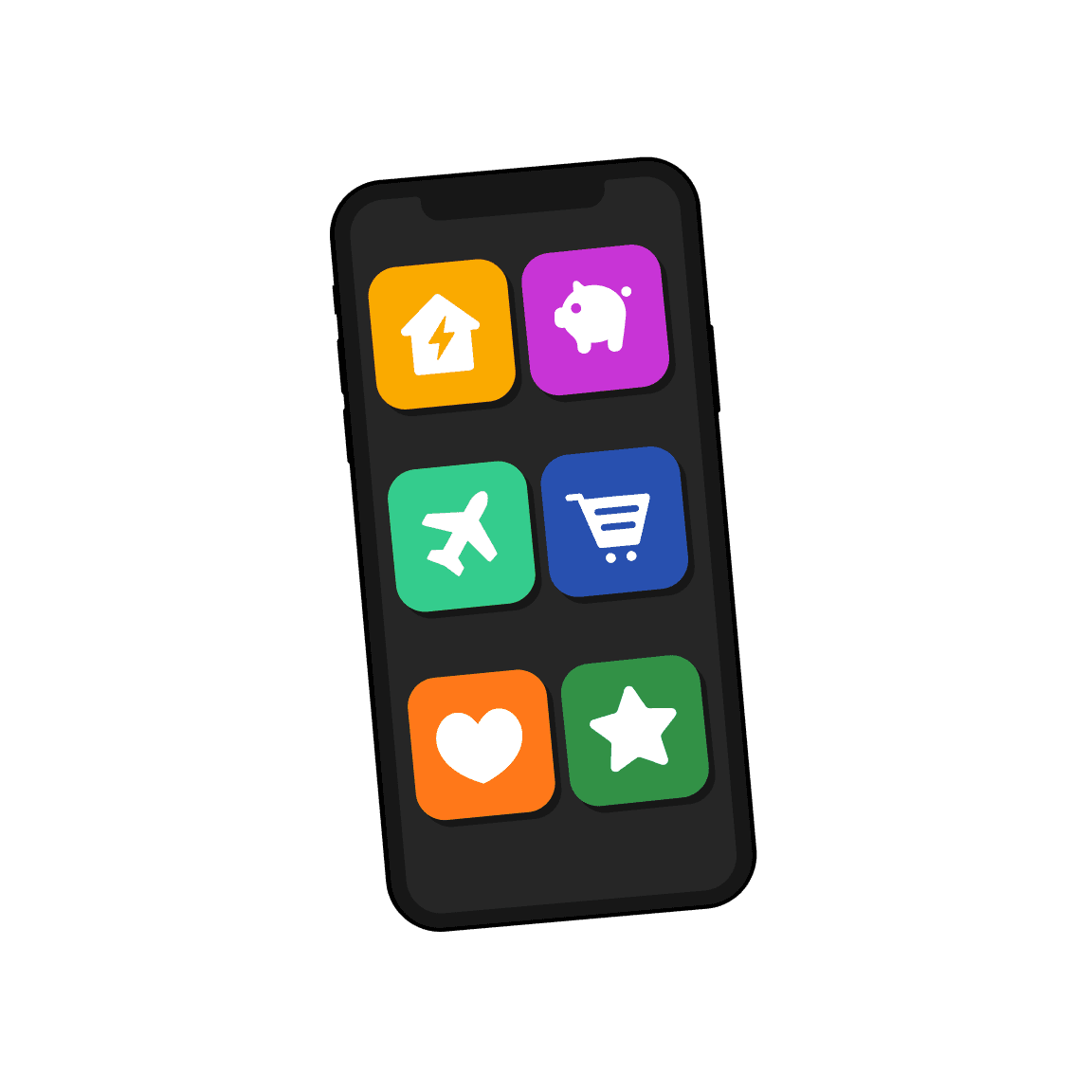 Hand die een smartphone vasthoudt en wijst naar app-iconen op het scherm, wat de interactie van een gebruiker met meerdere kleurrijke functies weergeeft.