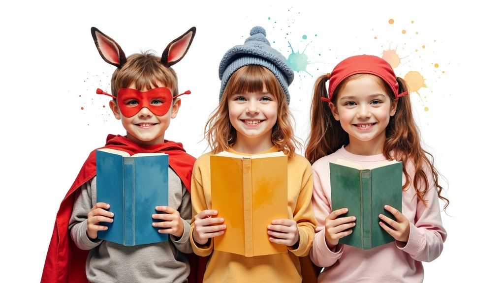 Three happy children in costumes smiling and holding books, symbolizing the joy of reading.