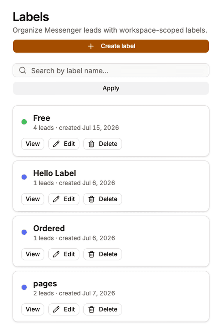 Labels screen listing workspace labels with their lead counts and View, Edit and Delete actions.