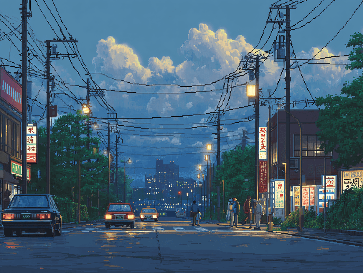 Pixel art of large industrial building and sunset.