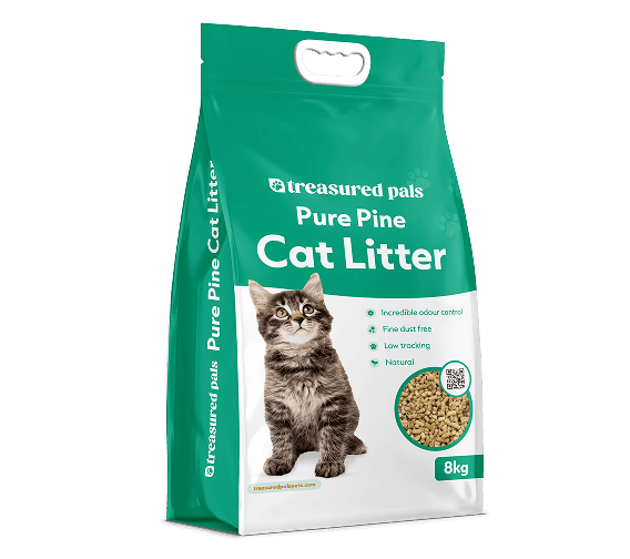 Treasured Pals Sifting Litter Box with high walls, wood pellet litter inside, and a pull-out tray filled with sifted sawdust.