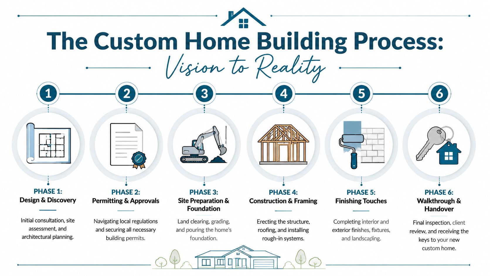 A six-step infographic detailing the custom home building process from initial design to final property handover.