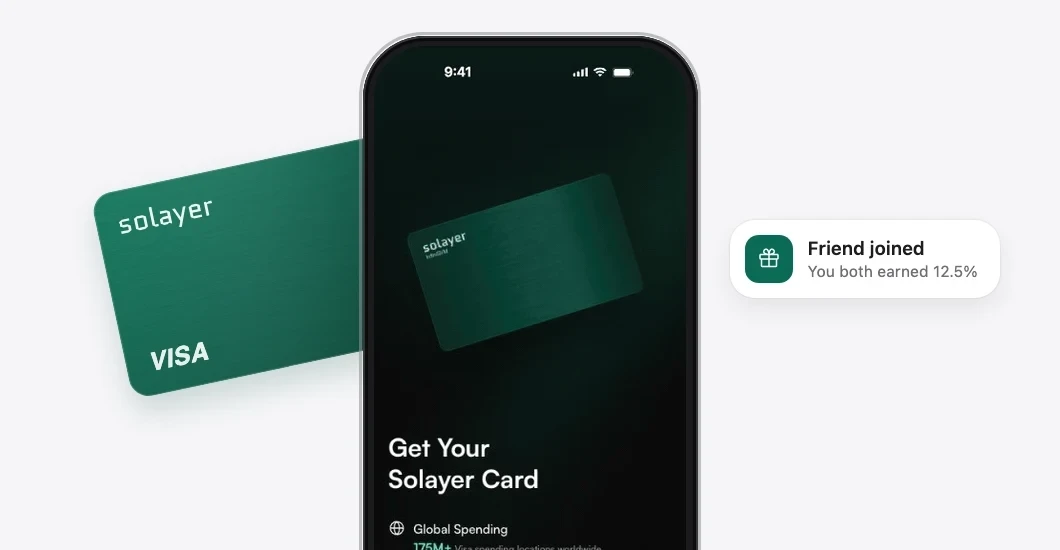 Live recording of the Solayer Pay prototype on an iPhone, with the Solayer Visa card and a referral notification