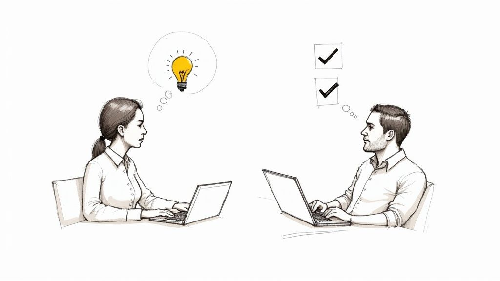 Sketch of two colleagues working on laptops, one having an idea, the other completing tasks.