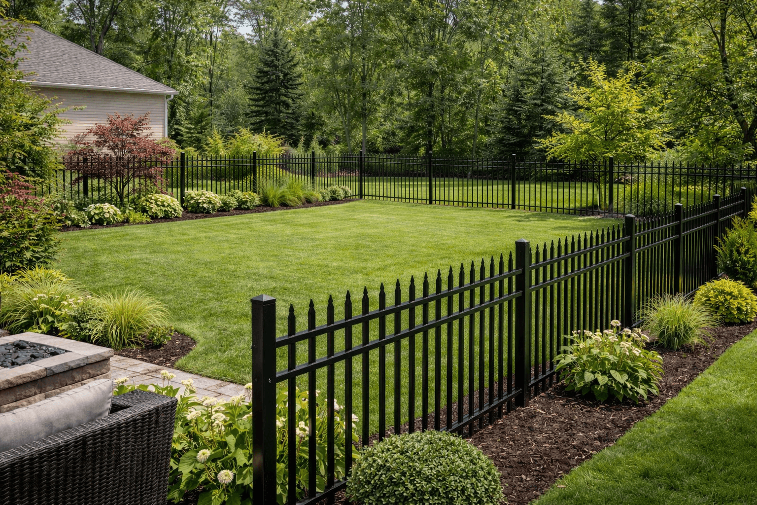 Charleston Pro tight-spacing aluminum fence providing secure containment in a large backyard.