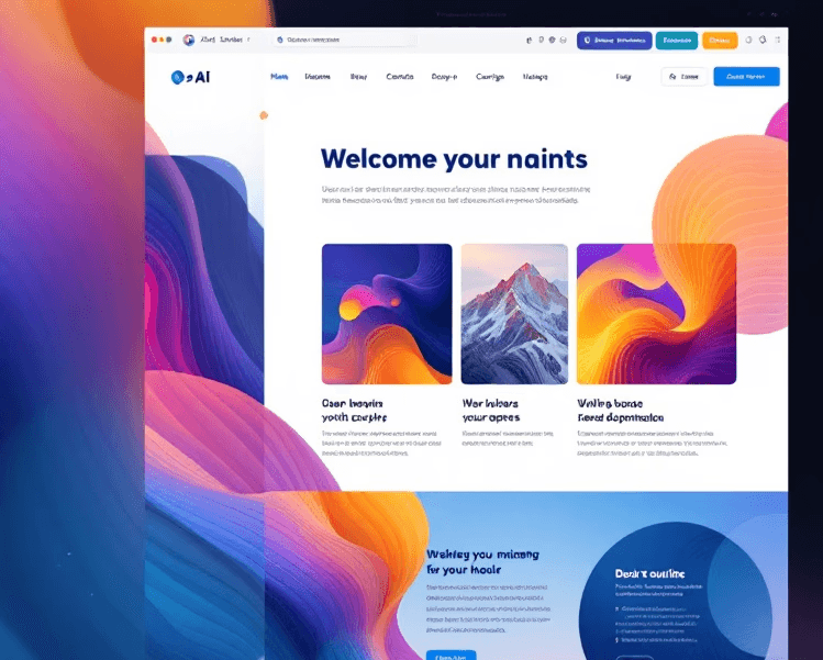 A website with a blue and purple background with three images of abstract art.