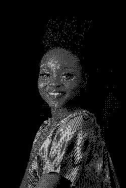 girl in blue and white floral dress