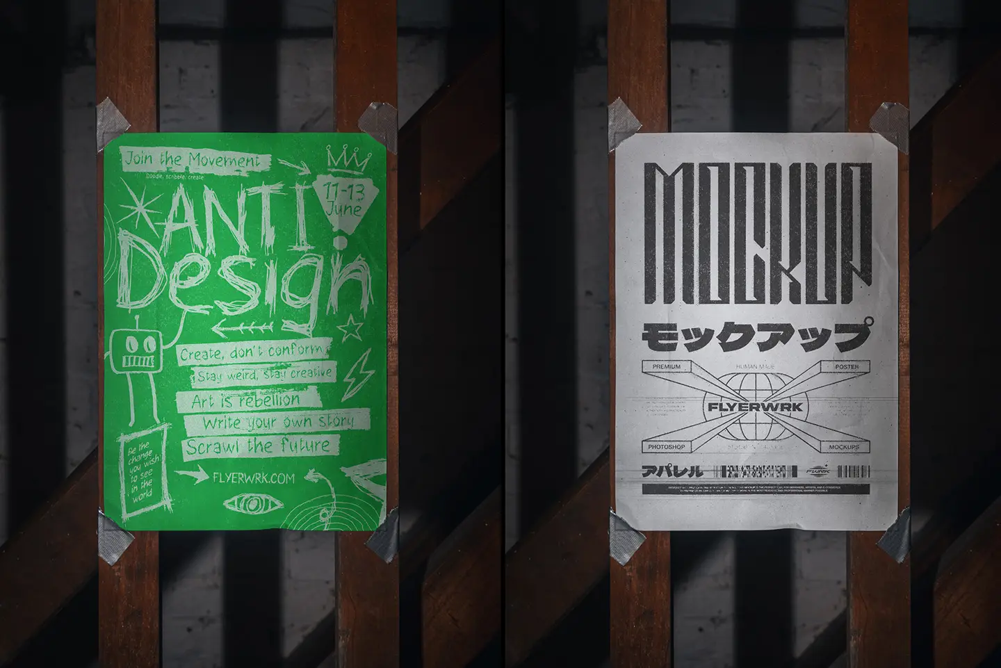 Vertical A4 poster mockup featuring vibrant green anti-design graphics taped to a rugged wall