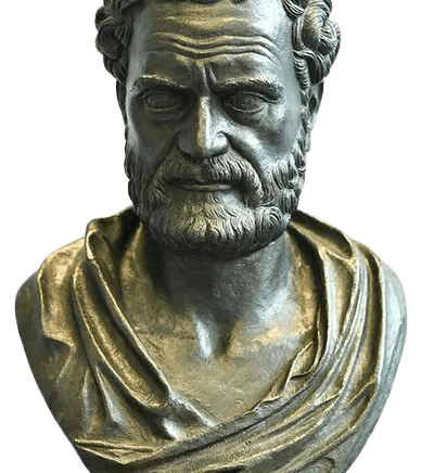 A bronze bust of a bearded man with short, curly hair, wearing a draped toga that suggests classical or ancient attire. The subject has a stern, thoughtful expression with detailed facial features, emphasizing his strong jawline and furrowed brow. The sculpture, set against a simple background, conveys a sense of wisdom and authority, characteristic of prominent historical or philosophical figures from ancient times.