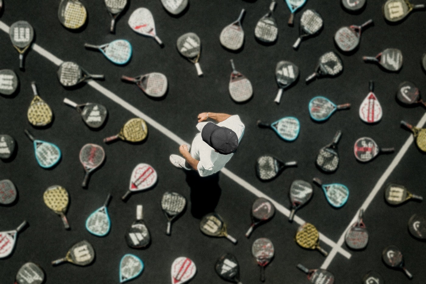 Padelspieler steht auf schwarzem Court, umgeben von vielen bunten Schlägern – ein künstlerisches Bild, das Vielfalt und Leidenschaft für den Sport bei Padelnero zeigt.