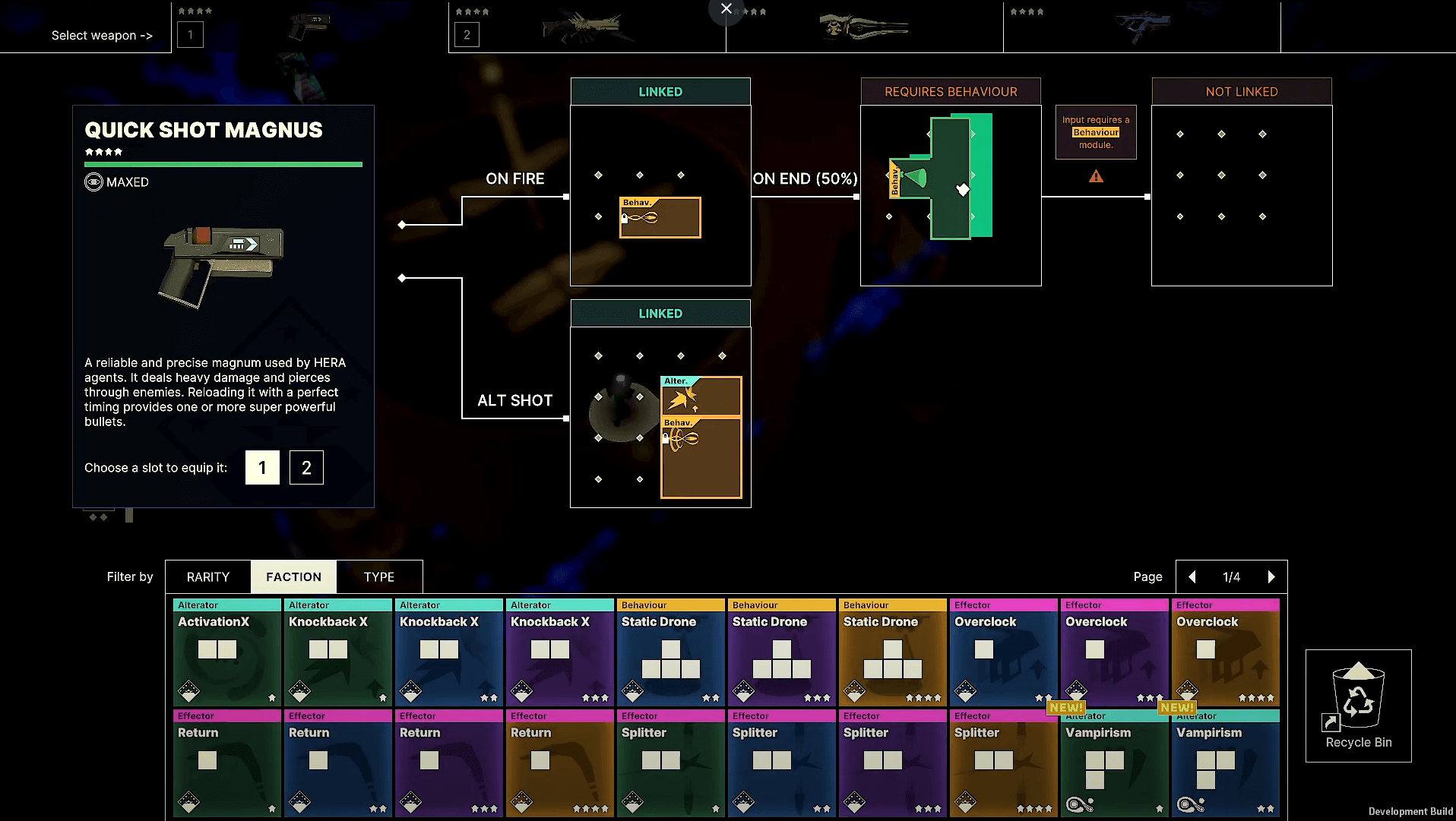 Schéma de fabrication de l'arme "Quick Shot Magnus" dans un jeu vidéo.  Vue d'ensemble des composants et du processus de création.