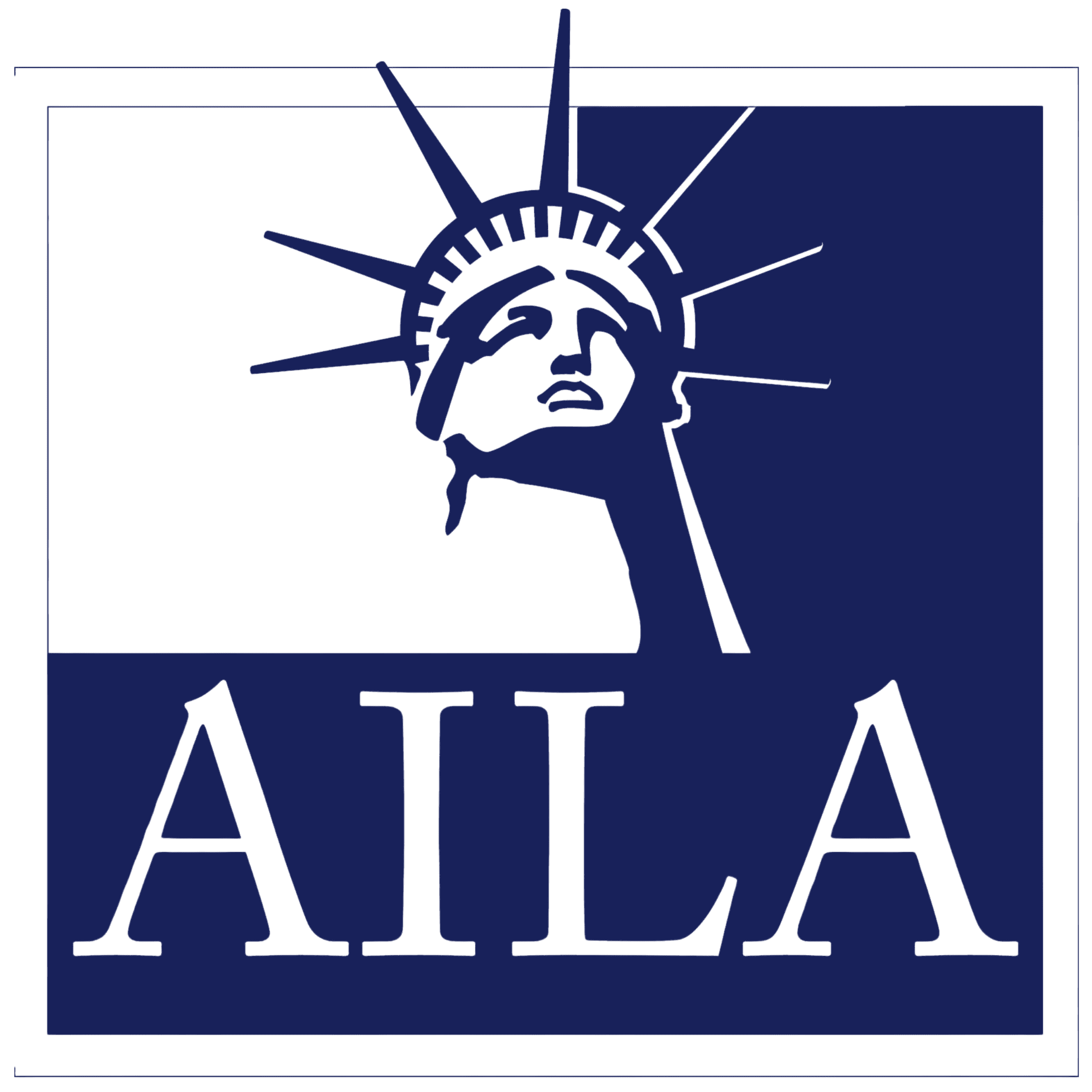A imagem apresenta um logotipo azul com as letras maiúsculas "AILA" abaixo de uma representação estilizada da cabeça e da coroa da Estátua da Liberdade.