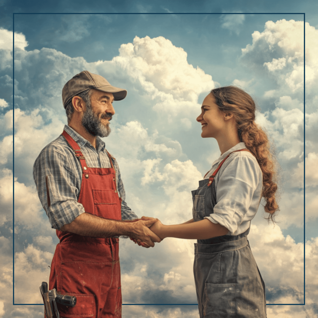 Ein Handwerker und eine Handwerkering geben sich die Hand vor himmlischen Hintergrund