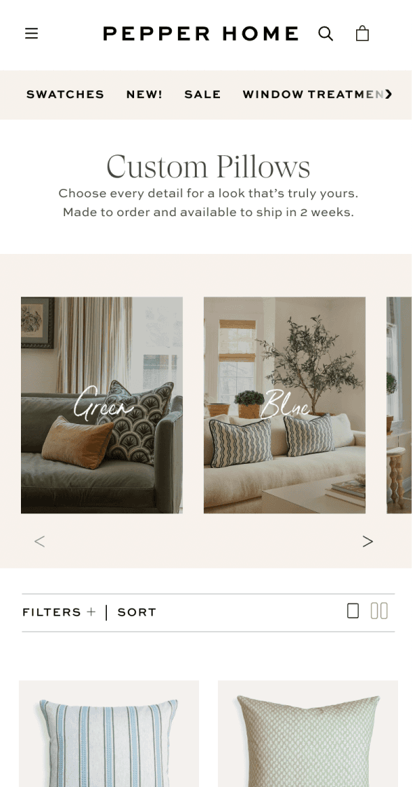 Mobile Shopify collection page for Pepper Home displaying custom pillows and décor