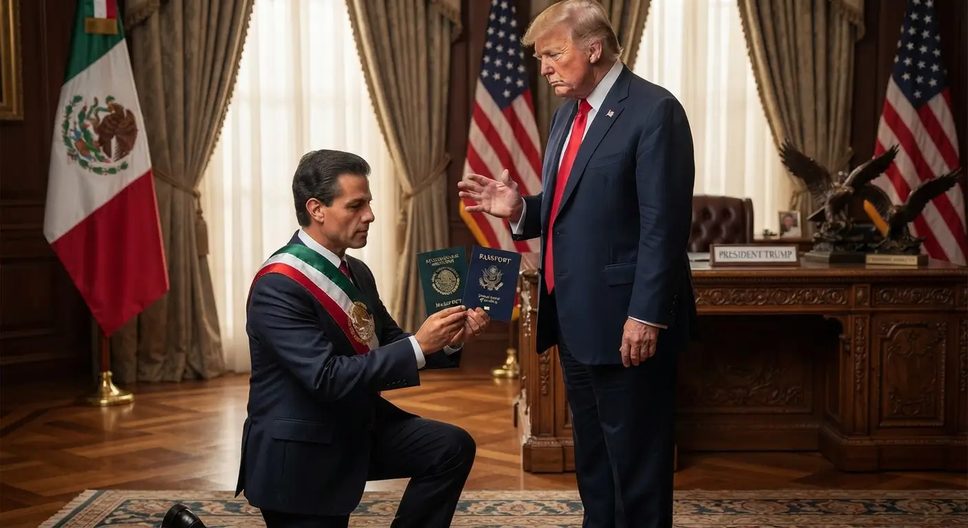 A man wearing a Mexican presidential sash kneels while holding out passports to Donald Trump in an office with Mexican and US flags.
