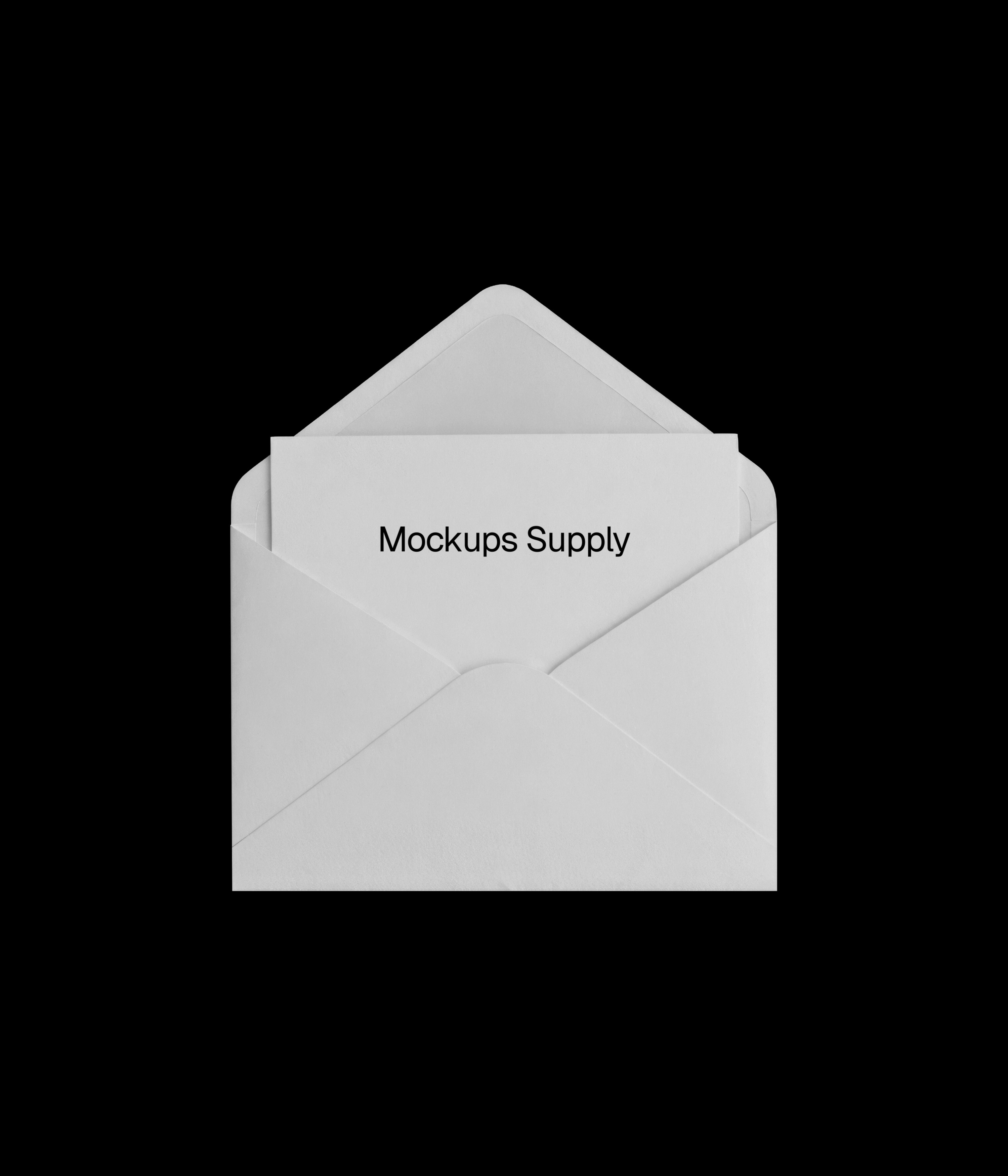 Minimal white open envelope with card mockup on black background download on Mockups Supply