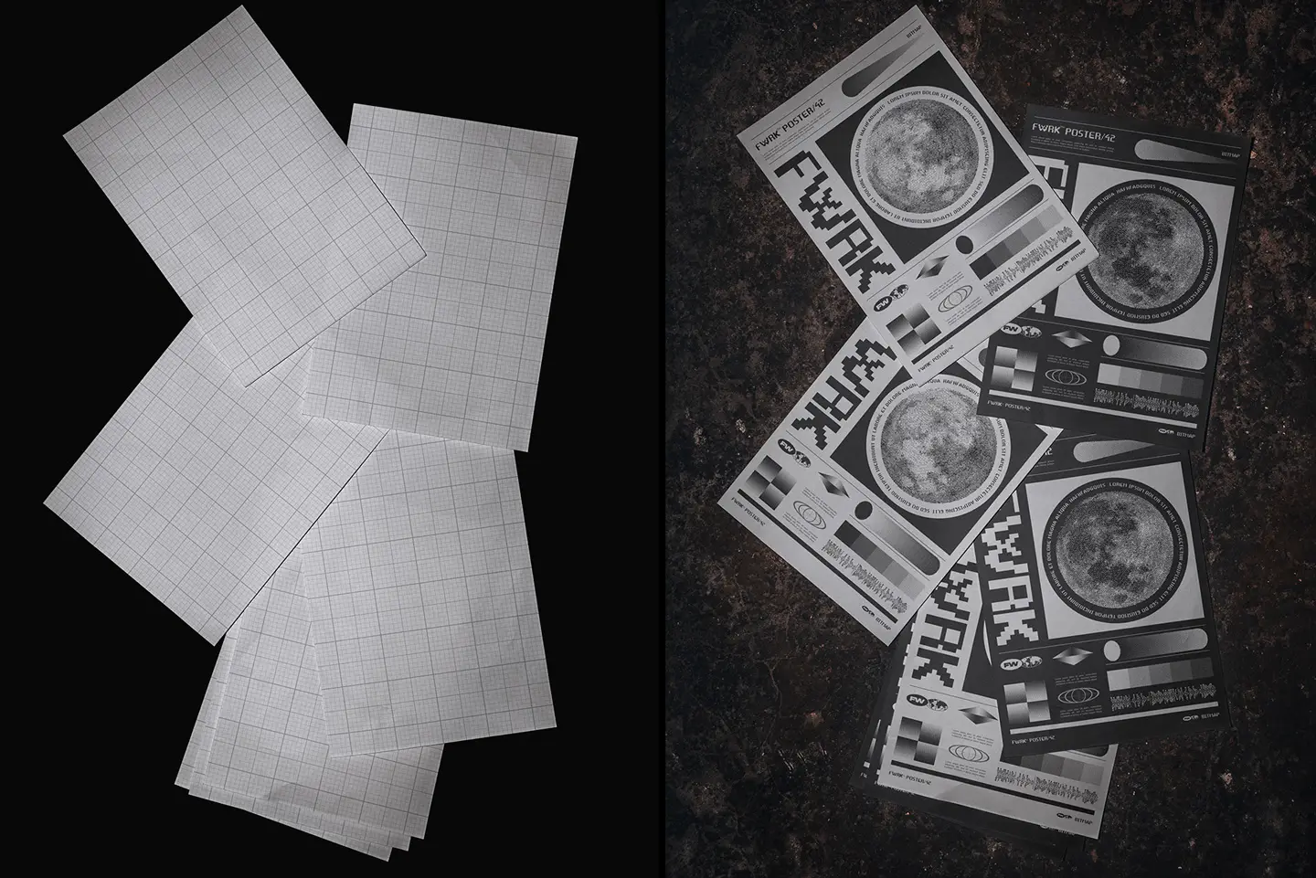 A5 flyer mockup on a gritty floor showcasing a lo-fi bitmap moon graphic and typography