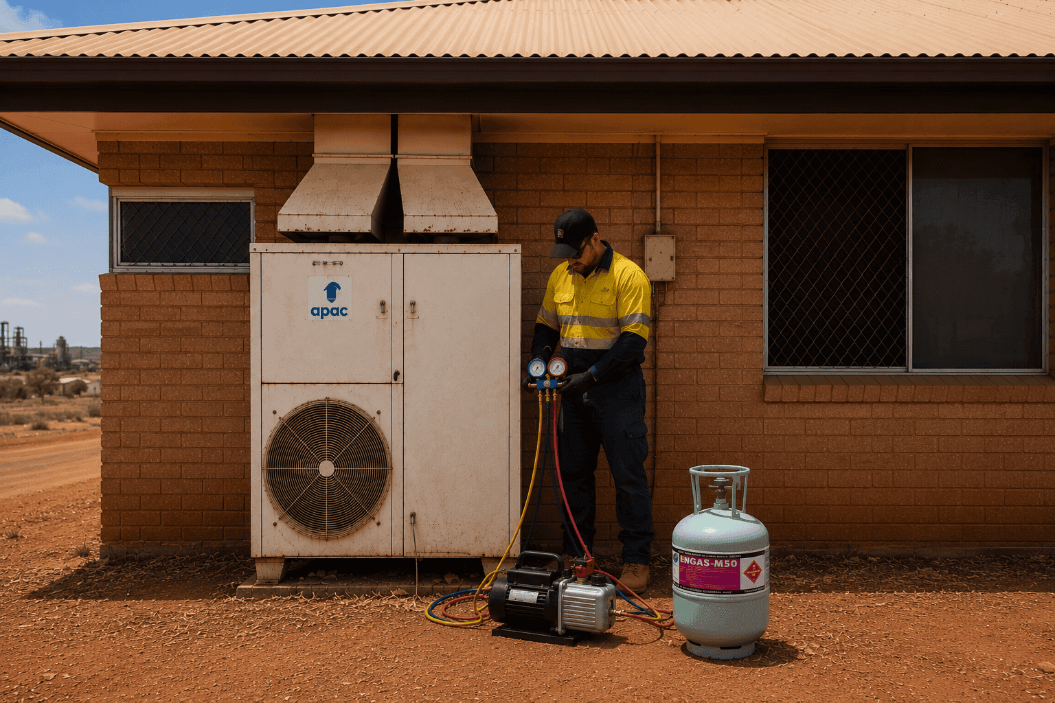 Technician performing maintenance on an APAC HVAC unit with a vacuum pump and refrigerant tank at a remote industrial site in Australia.