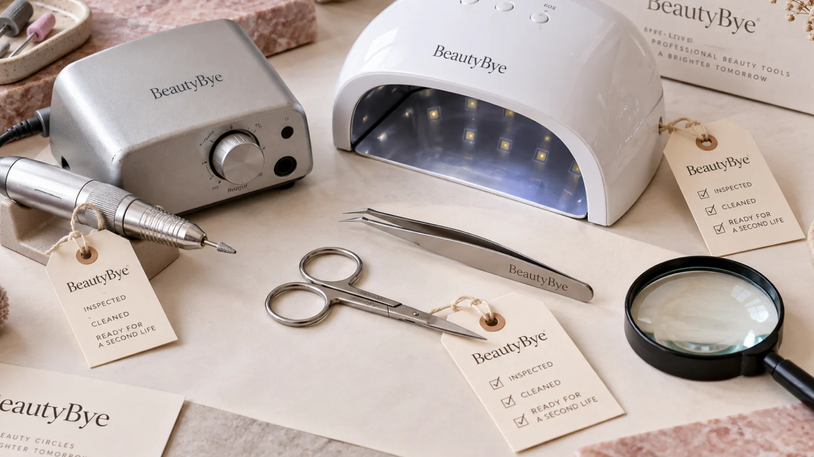 BeautyBye professional manicure equipment and stainless tools arranged for inspection