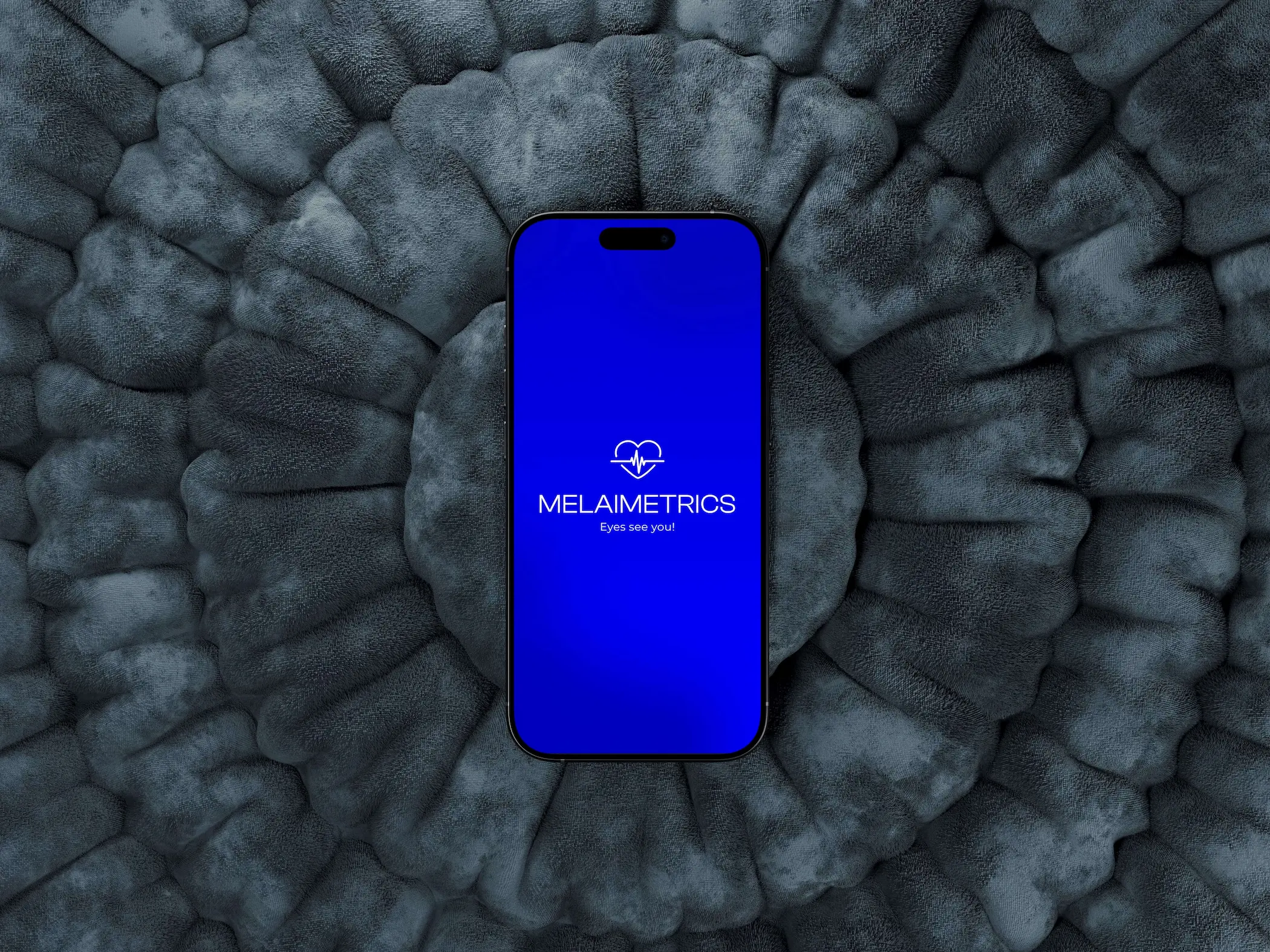 A smartphone with a blue screen displayed, set against a textured dark background.
