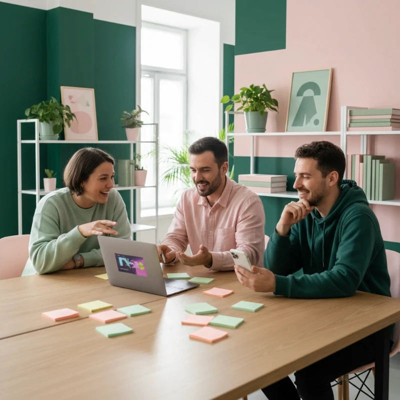 Équipe de créatifs en agence à Paris, collaborant autour d'un poste de travail pour concevoir et valider des contenus visuels dynamiques et des messages percutants sur plusieurs écrans haute résolution, illustrant notre expertise en Stratégie de contenus pour garantir un snack content qui capte durablement.