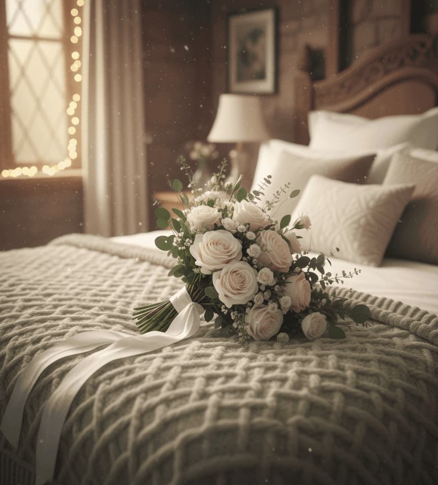 Wedding flowers resting on chair